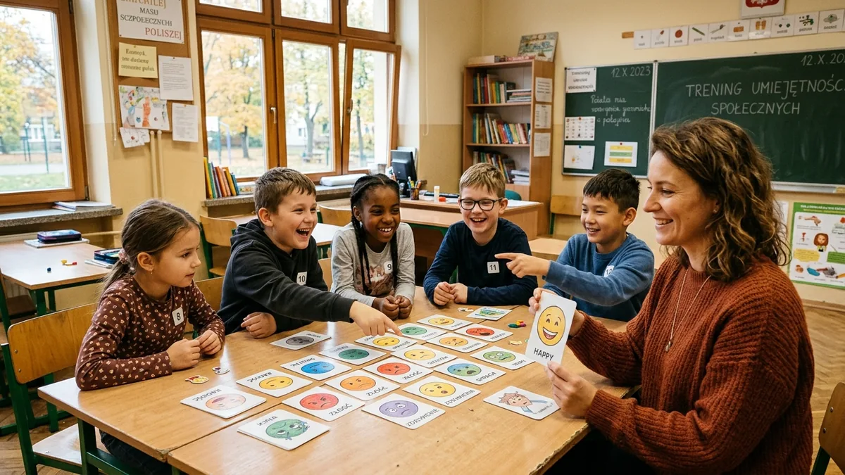 Dzieci na zajęciach TUS odgrywające scenki z kartami terapeutycznymi i kalamburami emocji przy okrągłym stole