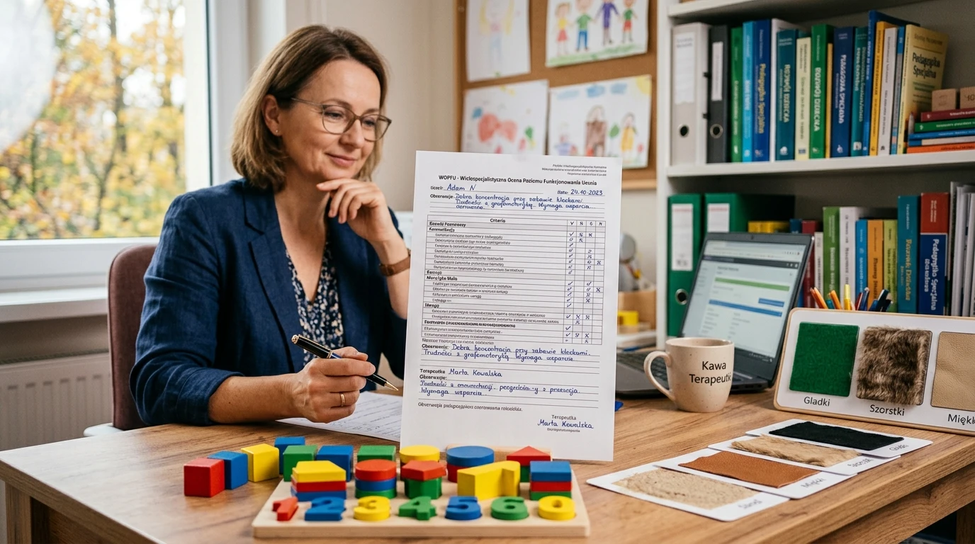 Terapeuta pedagogiczny wypełniający arkusz wielospecjalistycznej oceny funkcjonowania ucznia WOPFU