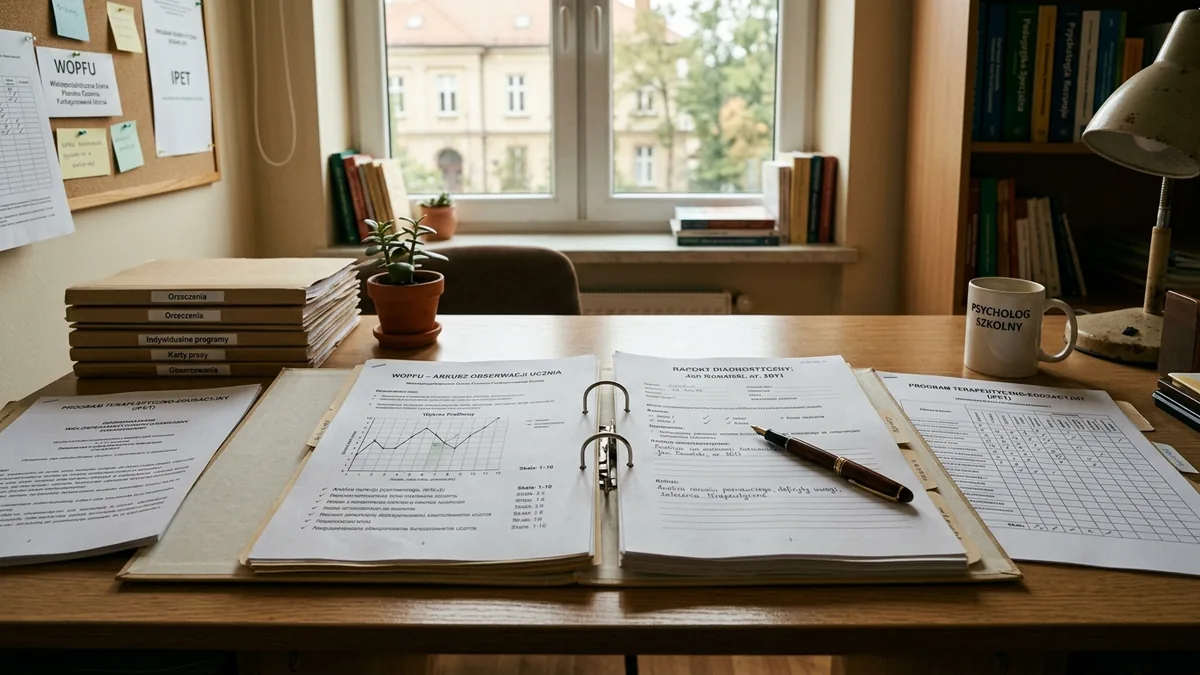 Wypełnione wzory arkuszy WOPFU na biurku pedagoga i psychologa szkolnego